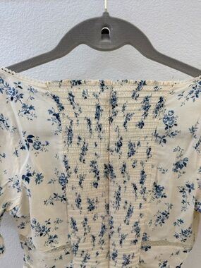 Reformation Cream and Blue Floral Smocked Back Blouse